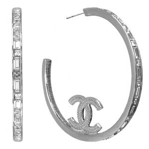 Authentic Chanel Crystal Filled Silver Floating CC Strass Hoop Earrings